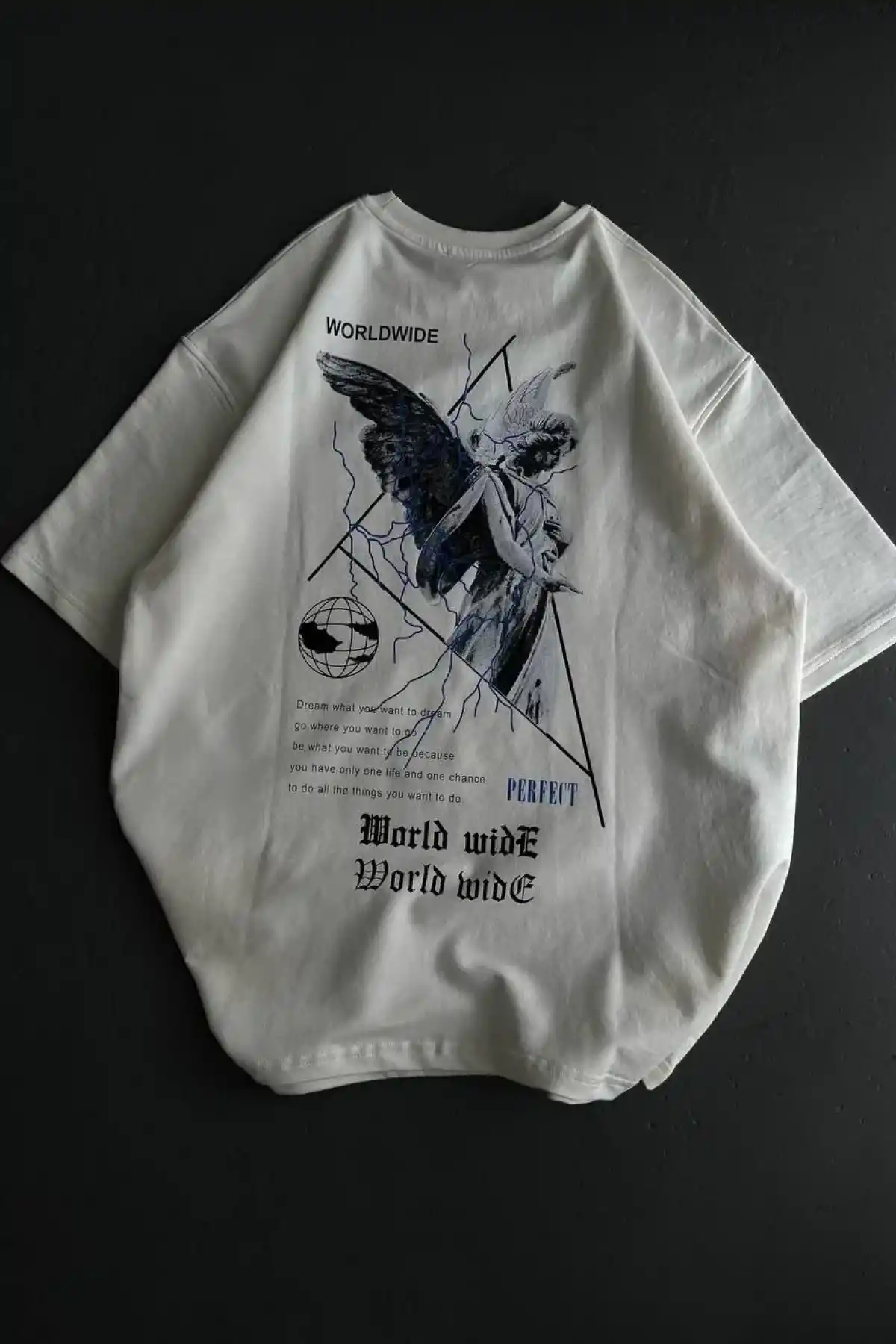 kadın Bisiklet Yaka Baskılı Oversize T-Shirt - Beyaz