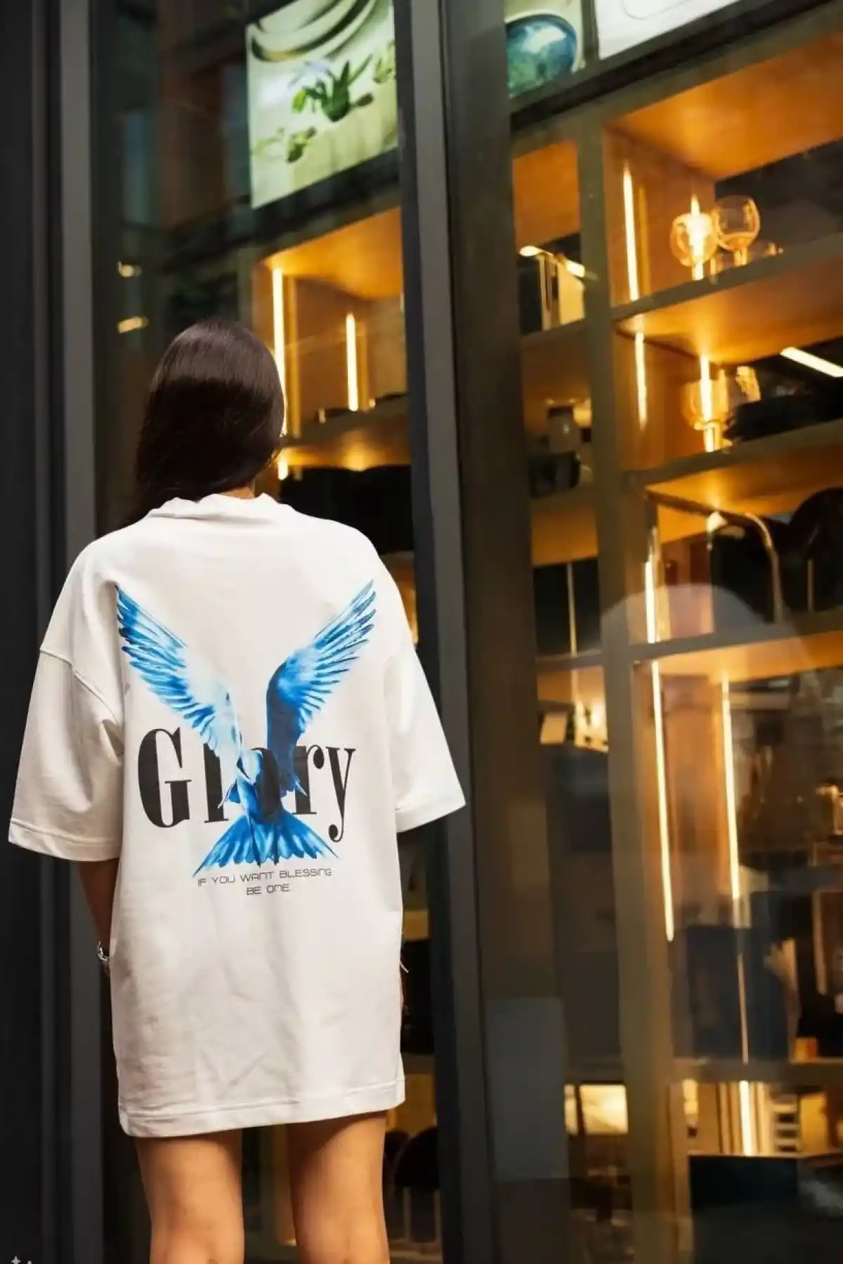 kadın  Bisiklet Yaka Baskılı Oversize T-Shirt - Beyaz