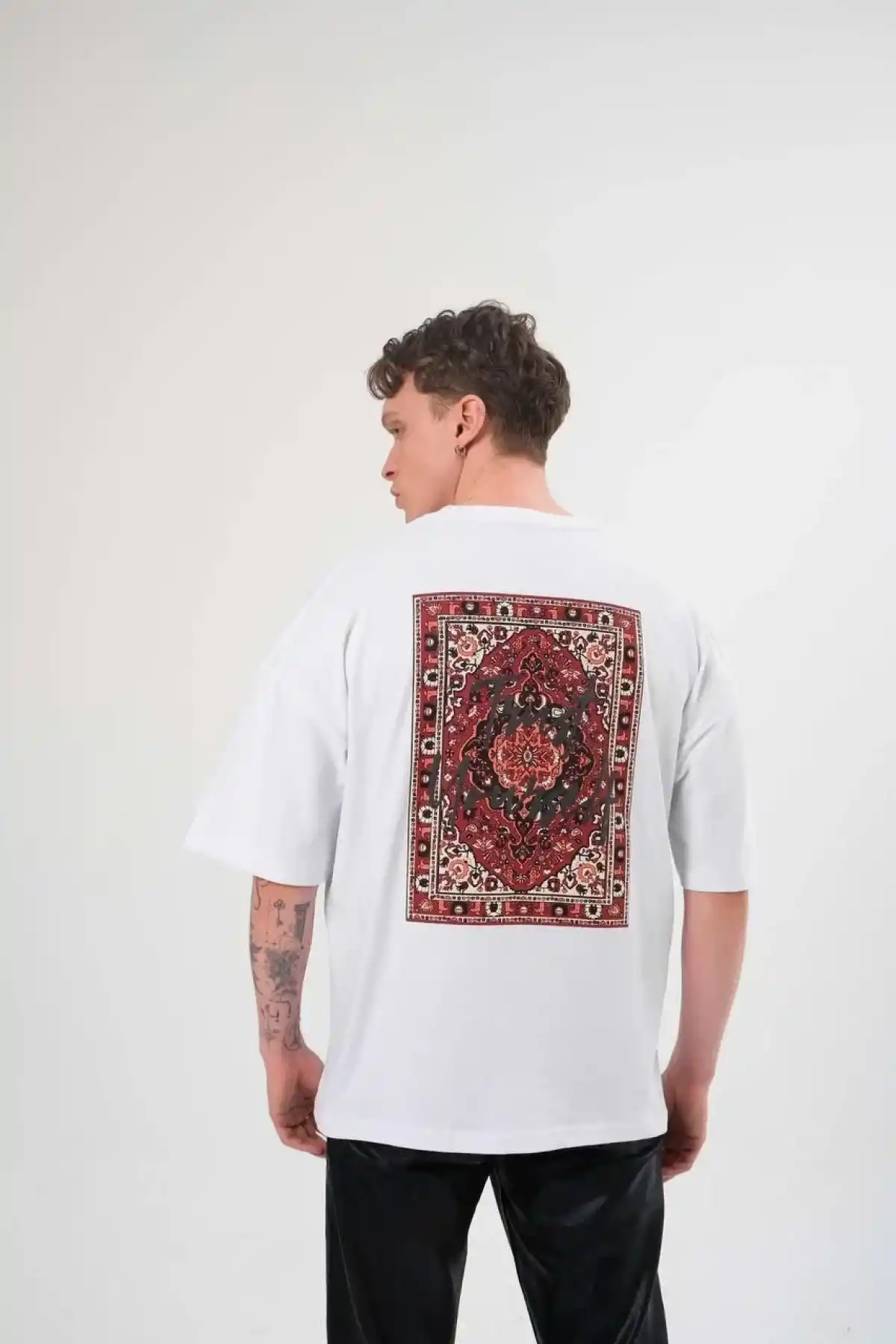 Erkek Bisiklet Yaka Baskılı Oversize T-Shirt - Beyaz