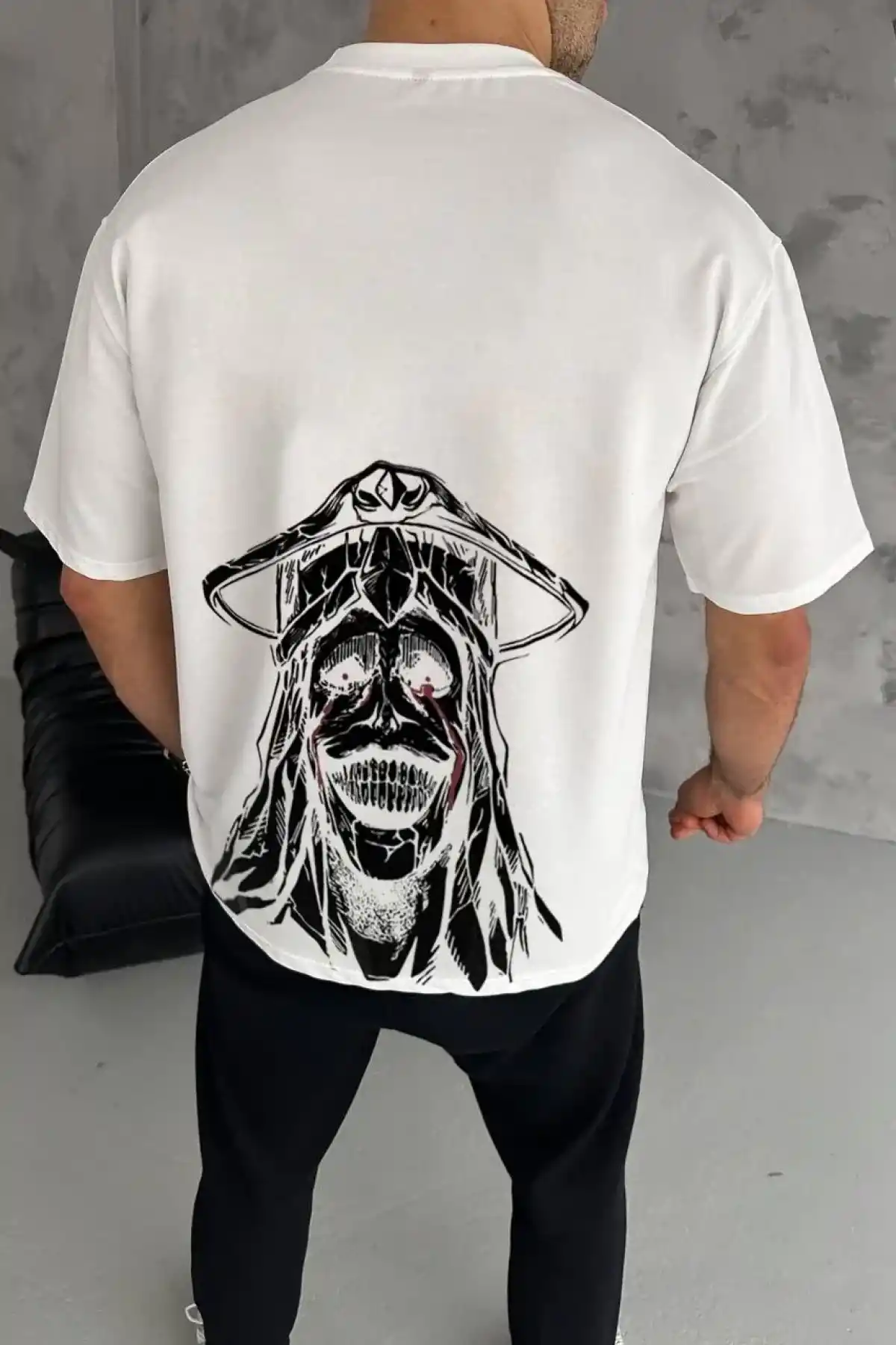 ERKEK Bisiklet Yaka kol ve arka Baskılı Oversize T-Shirt - Beyaz