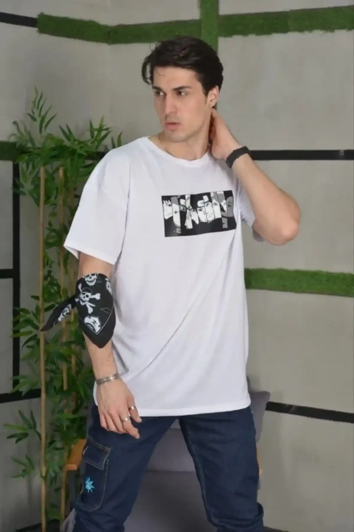 ERKEK Bisiklet Yaka Baskılı Oversize T-Shirt - Beyaz