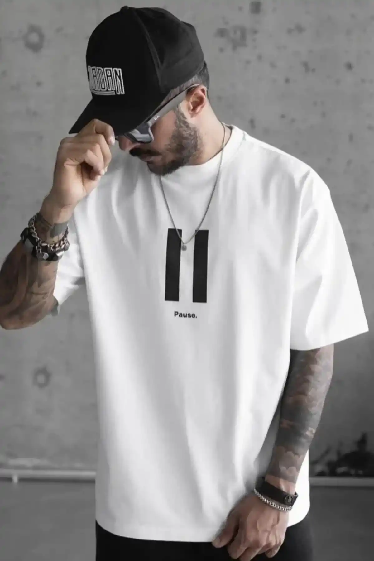 ERKEK Bisiklet Yaka Baskılı Oversize T-Shirt - Beyaz