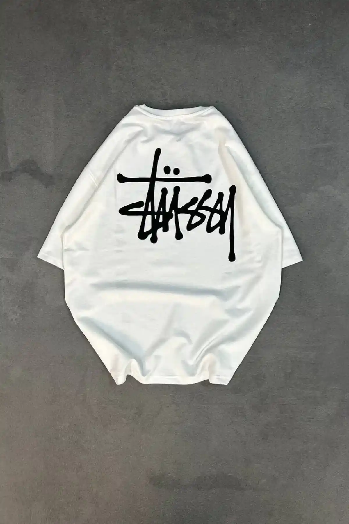 kadın  Bisiklet Yaka Baskılı Oversize T-Shirt - Beyaz