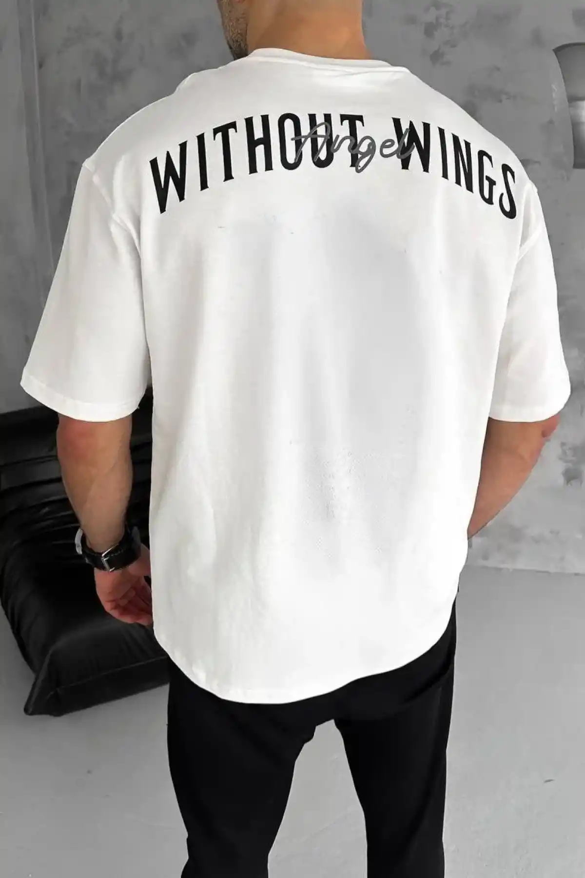 Erkek  Bisiklet Yaka Baskılı Oversize T-Shirt - Beyaz