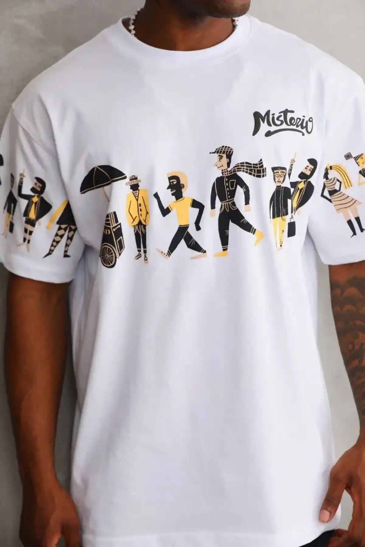 Erkek  Bisiklet Yaka Baskılı Oversize T-Shirt - Beyaz