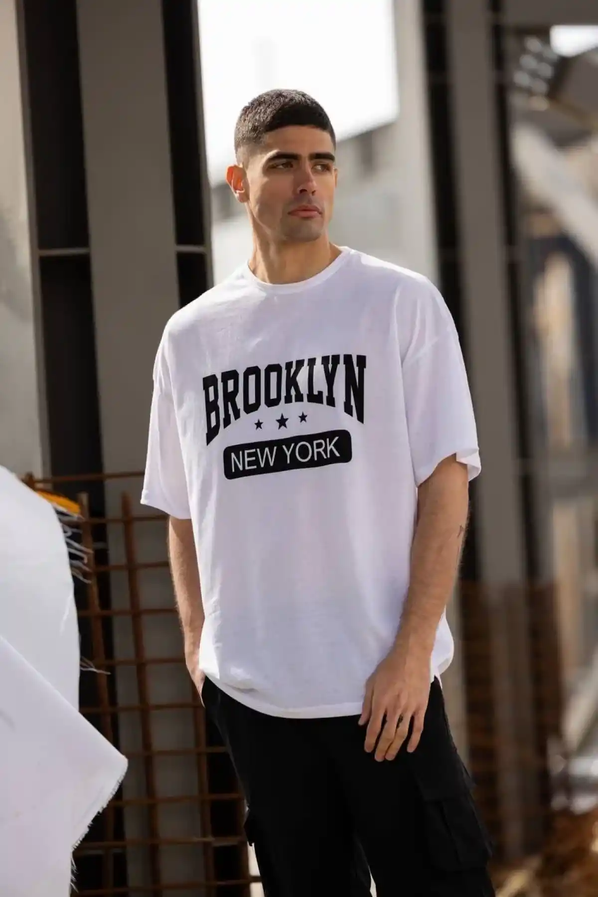 ERKEK Bisiklet Yaka Baskılı Oversize T-Shirt - Beyaz