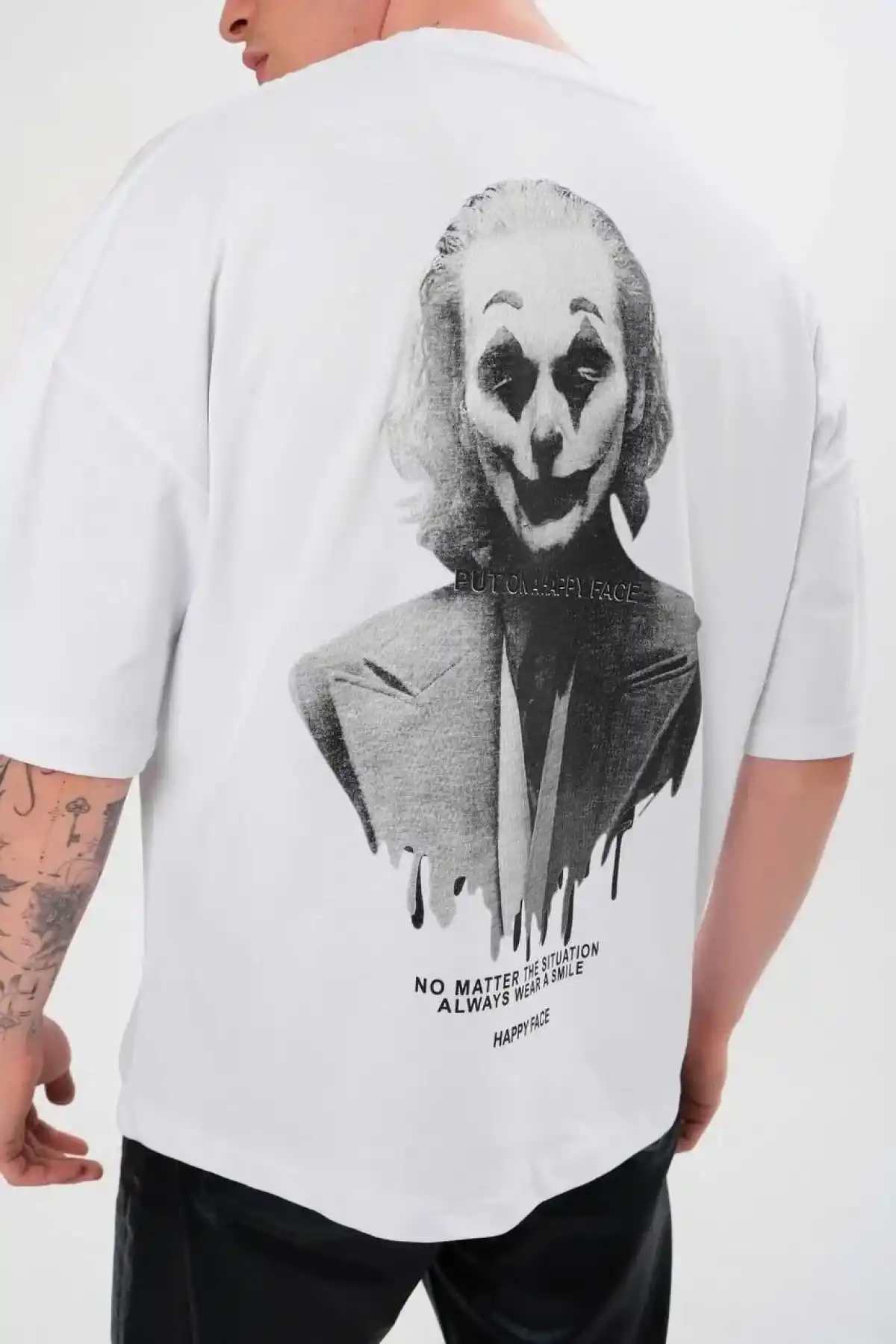 Erkek Bisiklet Yaka Baskılı Oversize T-Shirt - Beyaz