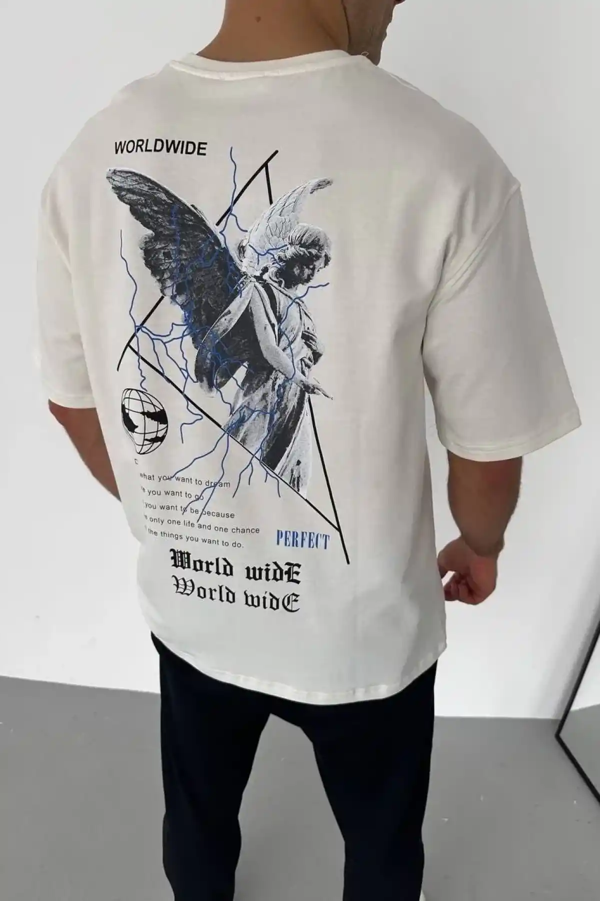 Erkek Bisiklet Yaka Baskılı Oversize T-Shirt - Beyaz