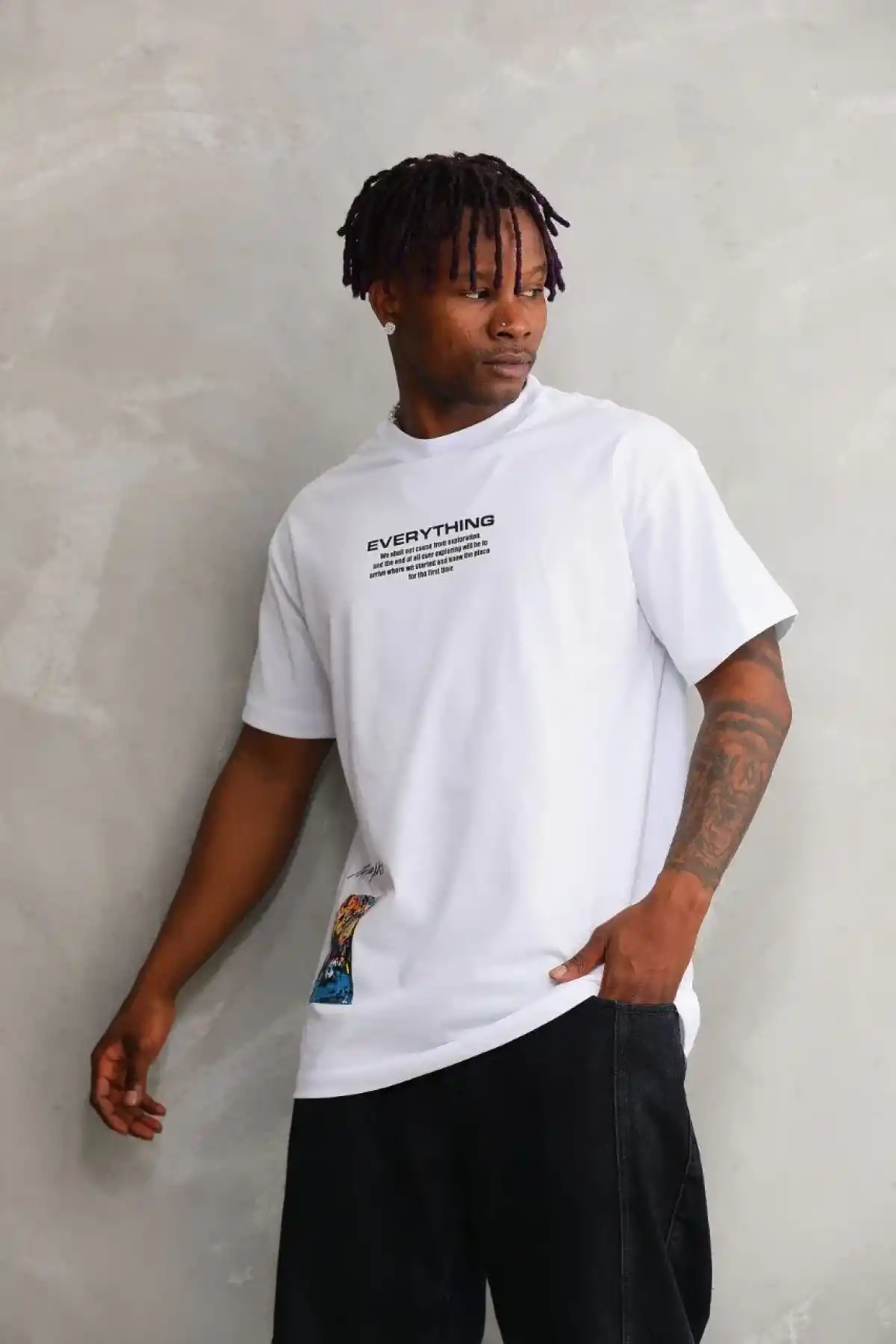 Erkek Bisiklet Yaka Baskılı Oversize T-Shirt - Beyaz