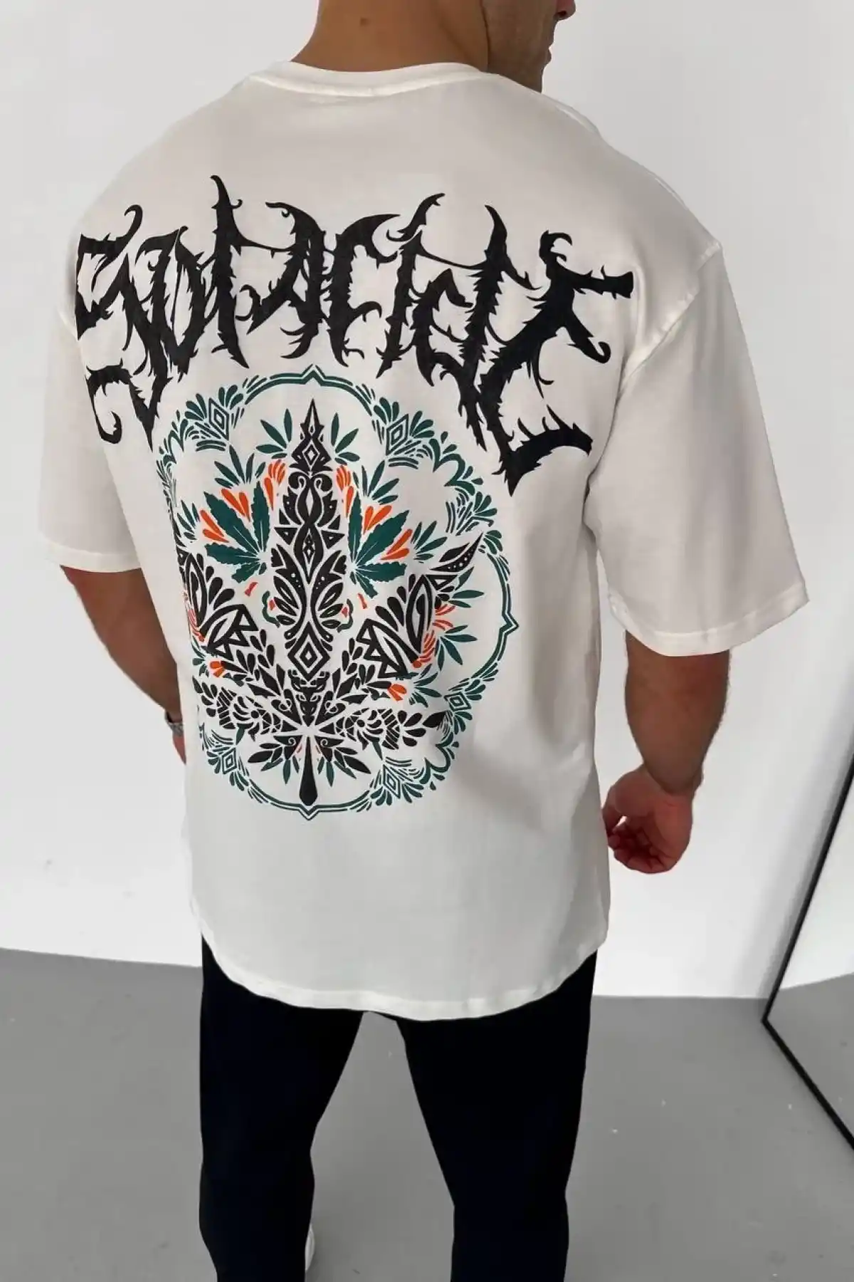 Erkek  Bisiklet Yaka Baskılı Oversize T-Shirt - Beyaz