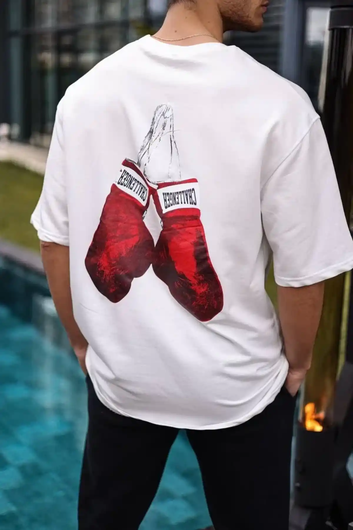 Erkek Bisiklet Yaka Baskılı Oversize T-Shirt - Beyaz