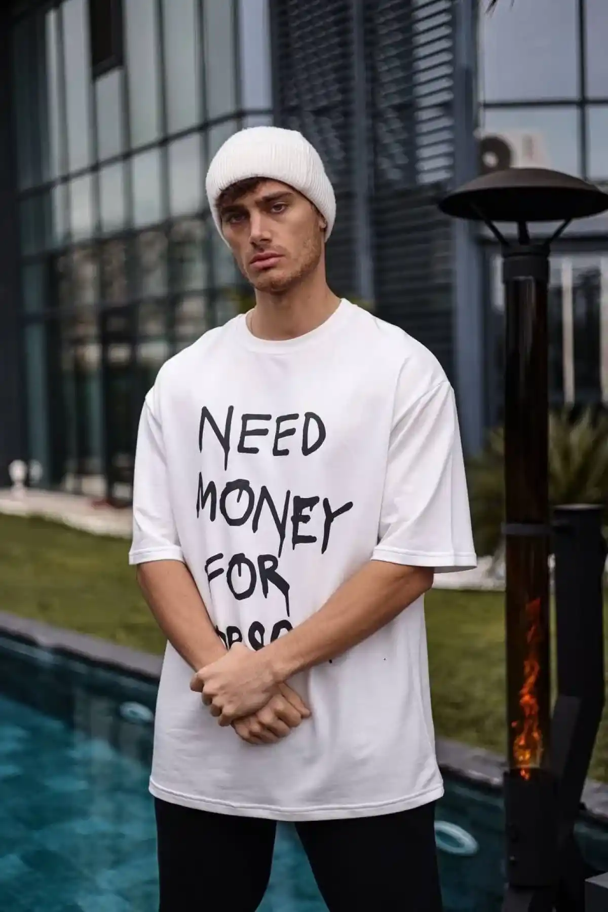 ERKEK Bisiklet Yaka Baskılı Oversize T-Shirt - Beyaz