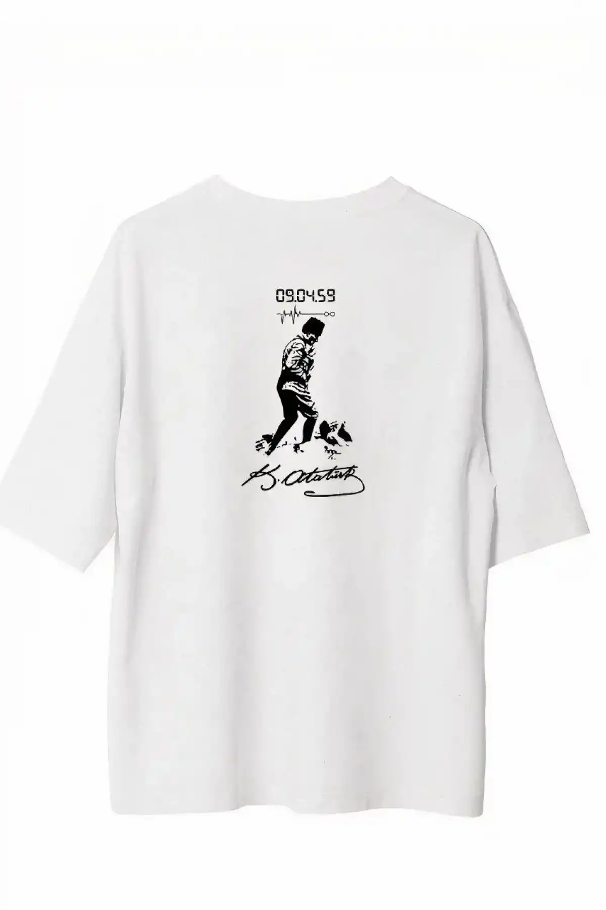 Erkek Bisiklet Yaka Baskılı Oversize T-Shirt - Beyaz