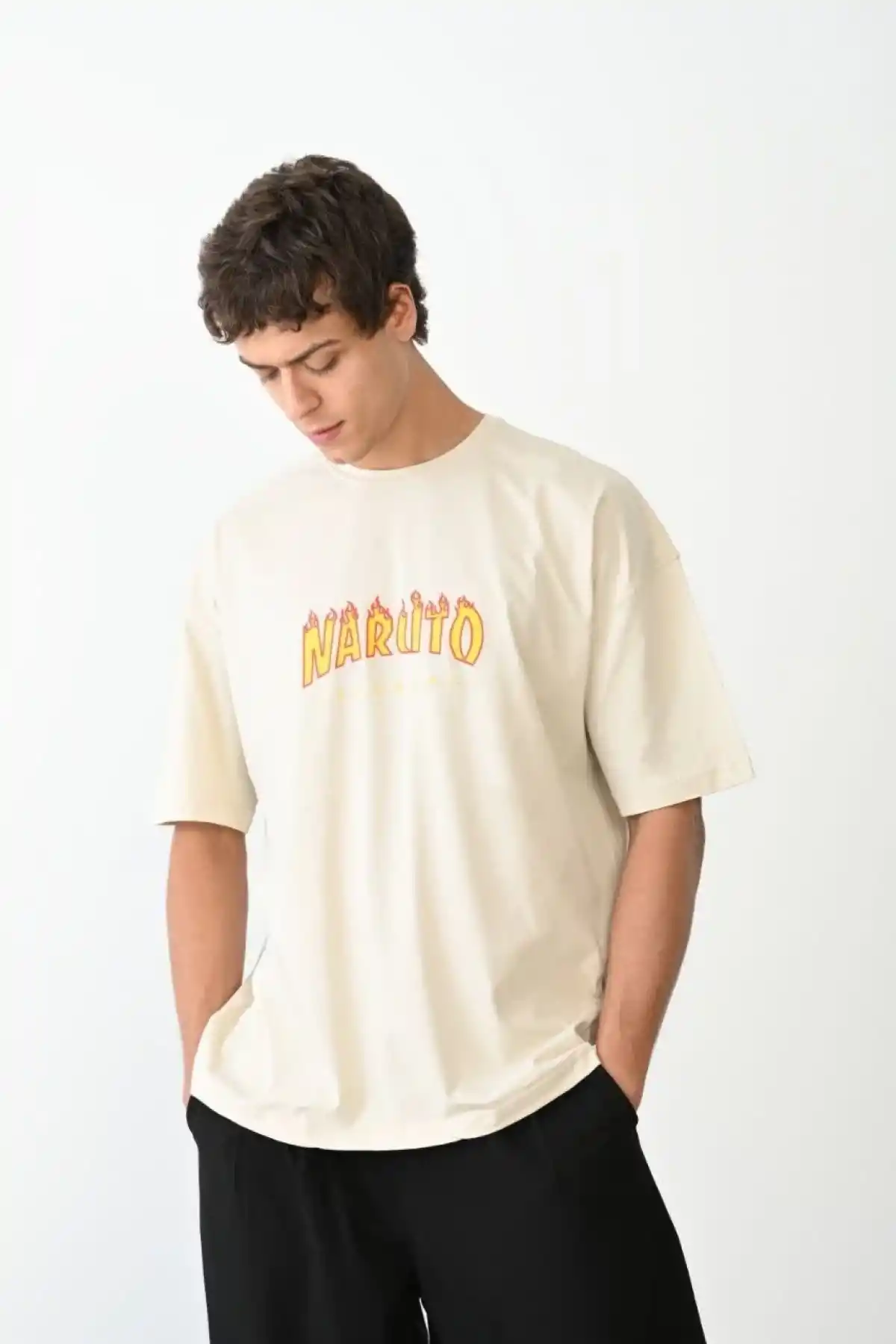 ERKEK Bisiklet Yaka Baskılı Oversize T-Shirt - Beyaz