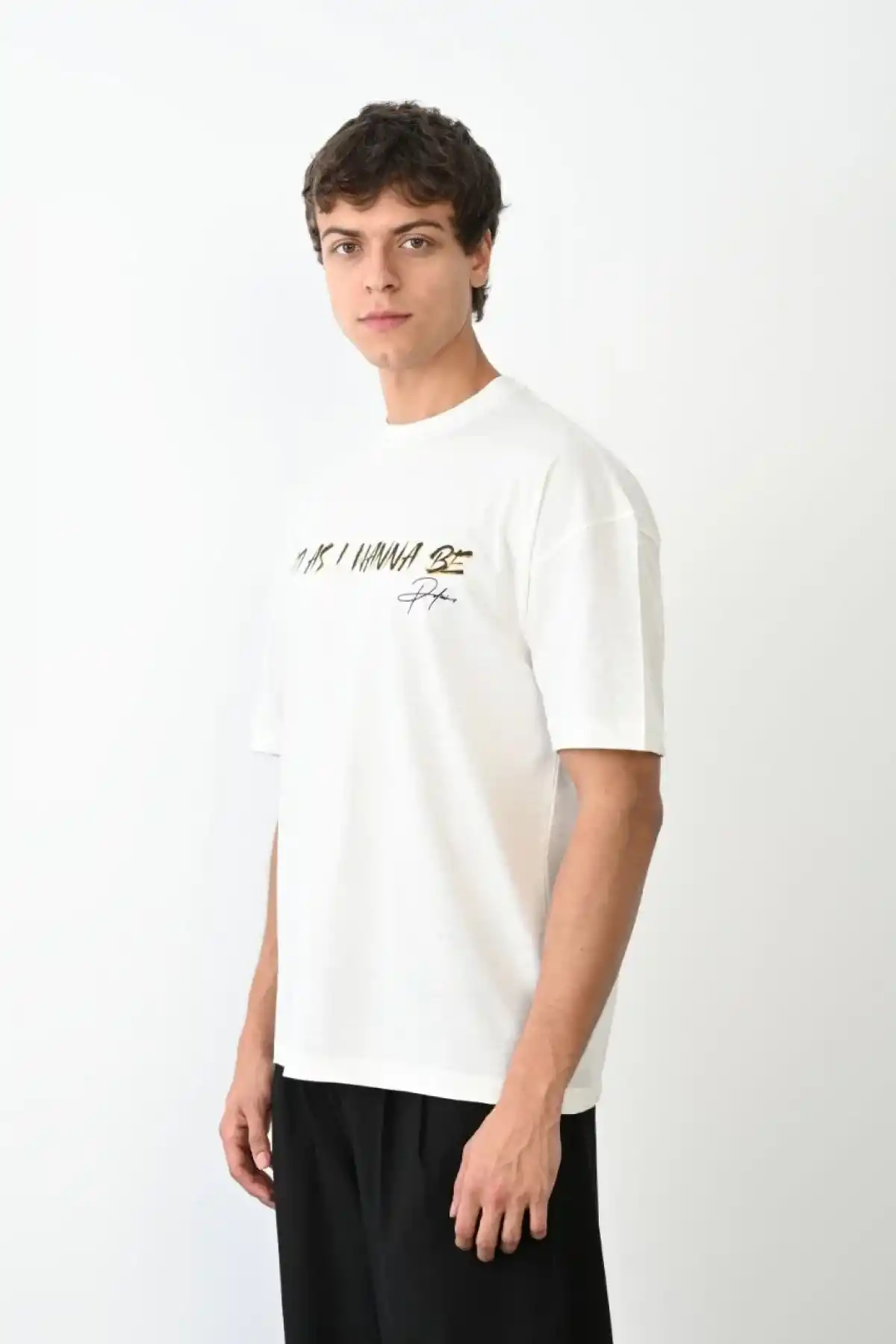 Erkek  Bisiklet Yaka Baskılı Oversize T-Shirt - Beyaz