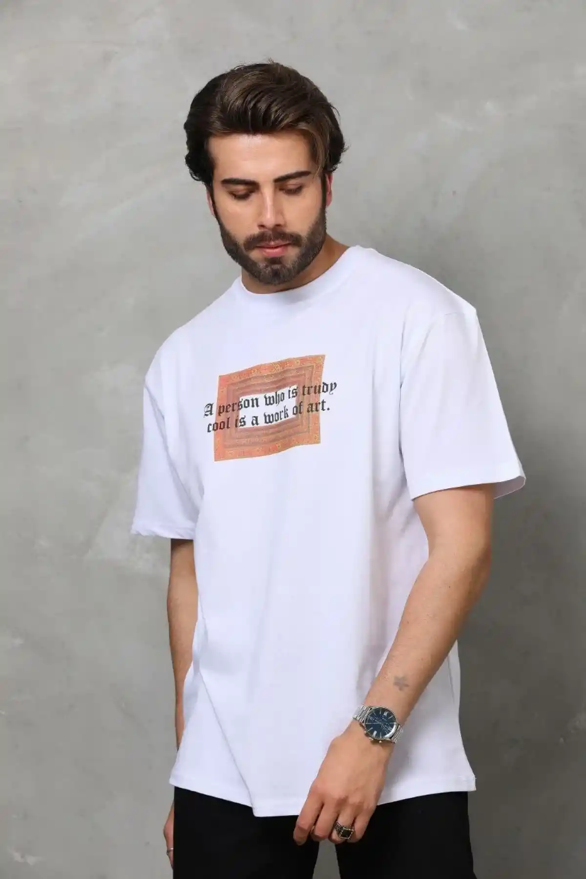 Erkek Bisiklet Yaka Baskılı Oversize T-Shirt - Beyaz
