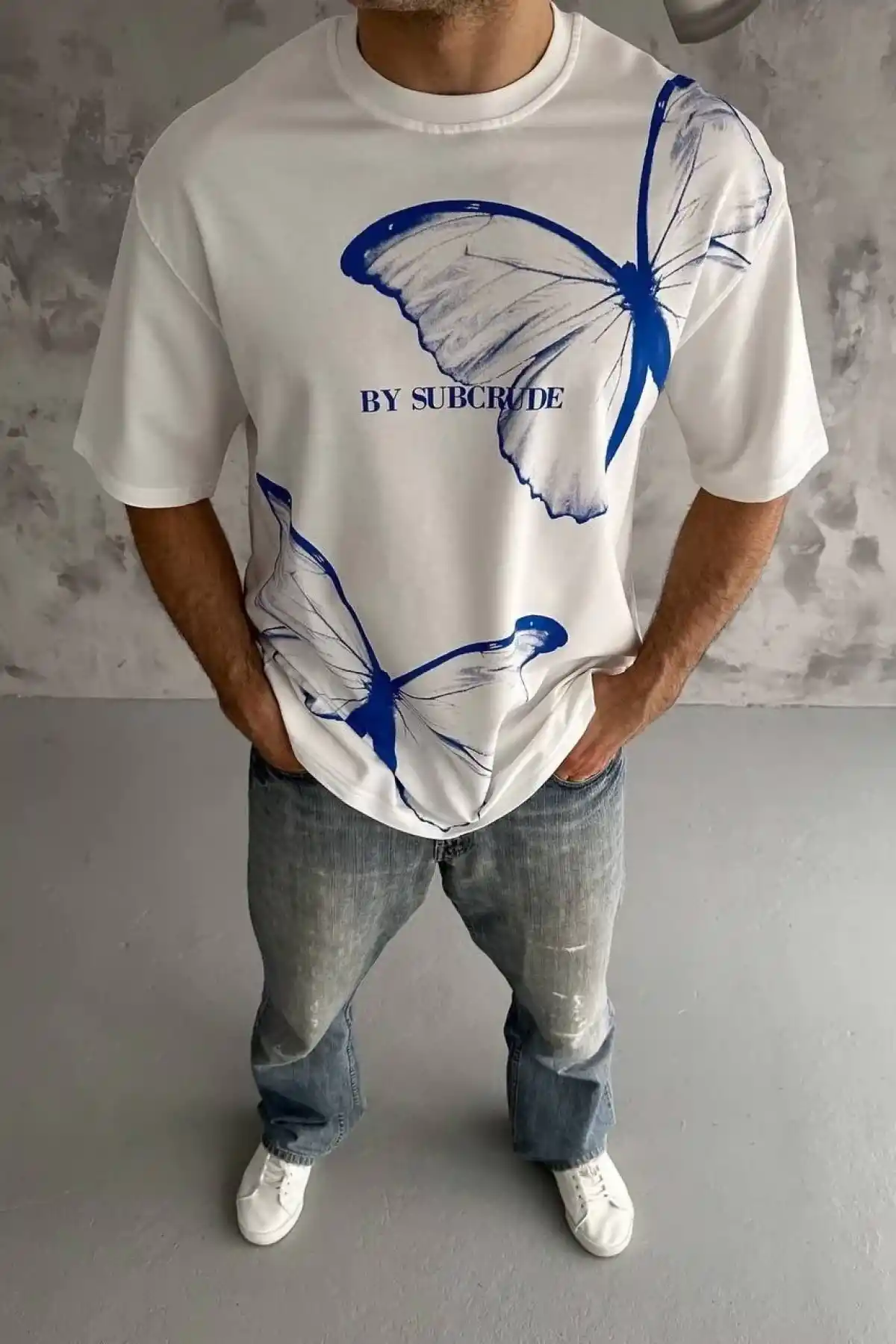 Erkek  Bisiklet Yaka Baskılı Oversize T-Shirt - Beyaz