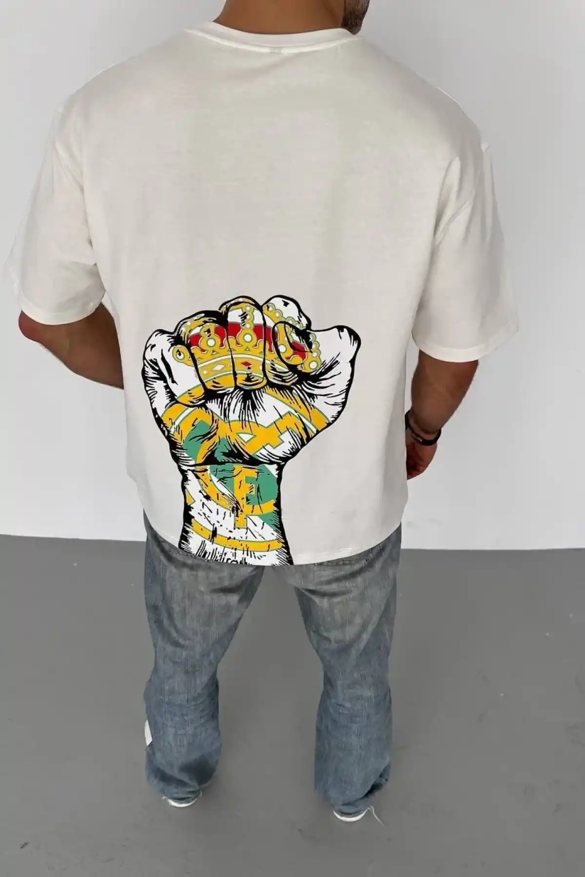 Erkek  Bisiklet Yaka Baskılı Oversize T-Shirt - Beyaz