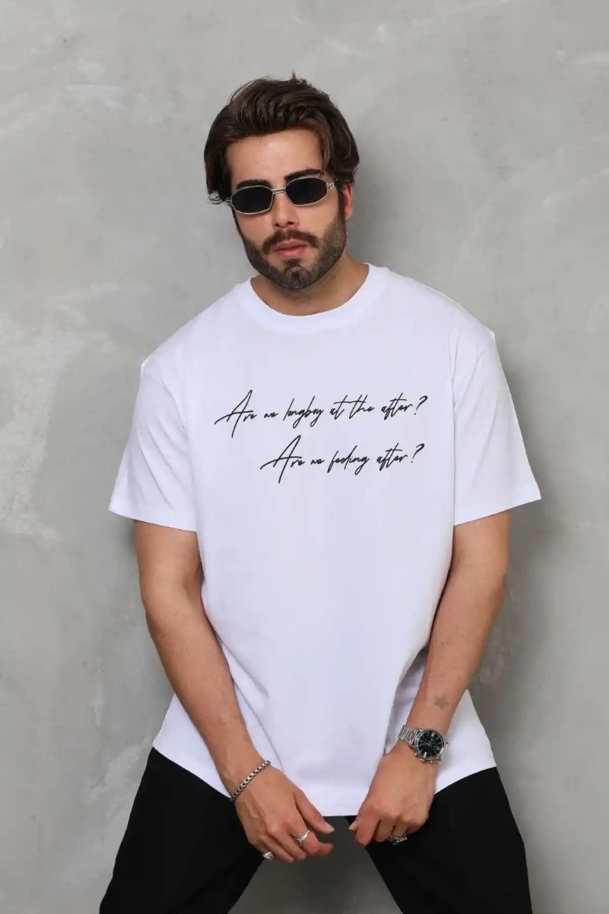 Erkek  Bisiklet Yaka Baskılı Oversize T-Shirt - Beyaz