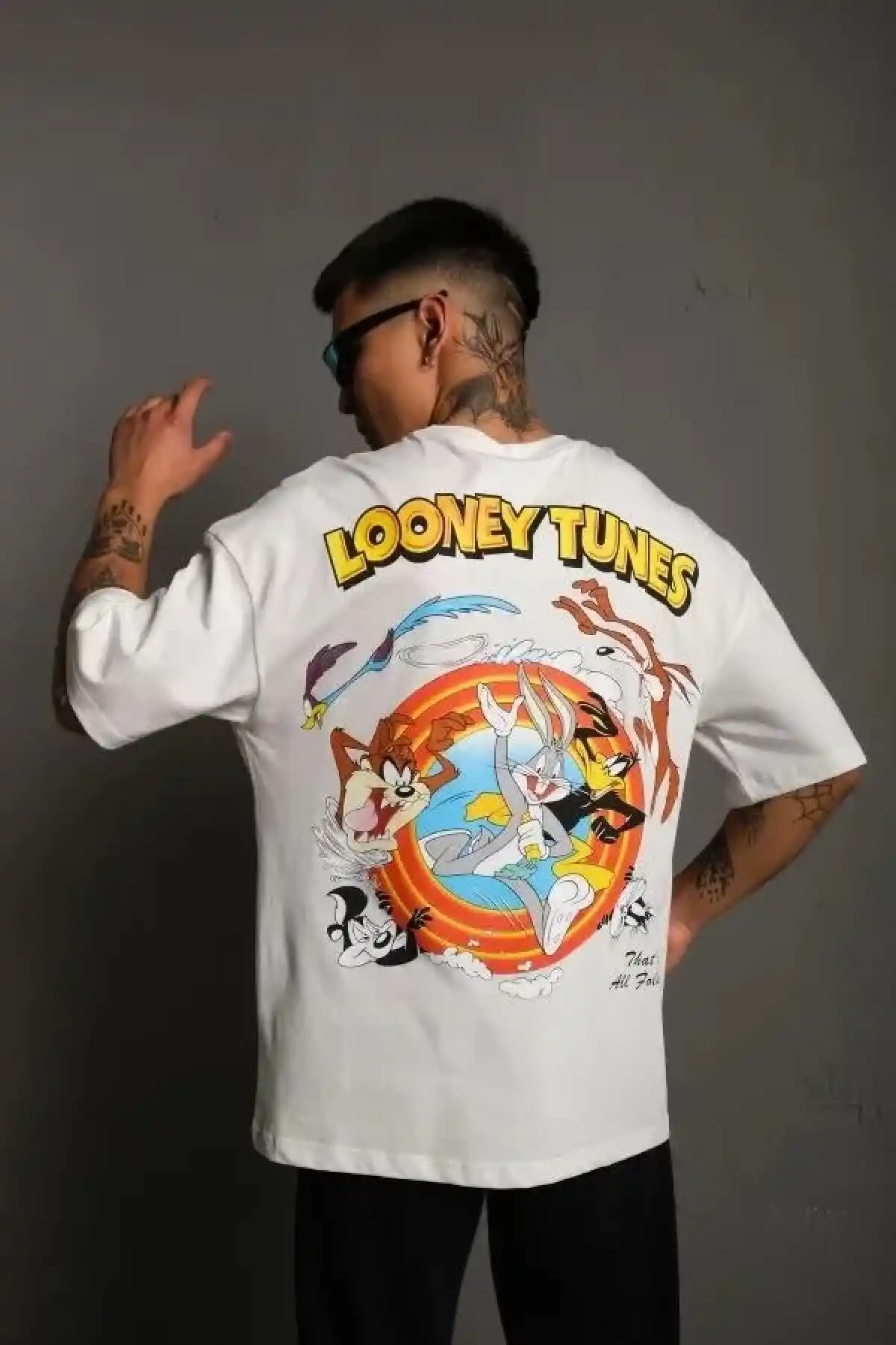 Bisiklet Yaka Baskılı Oversize T-Shirt - Beyaz