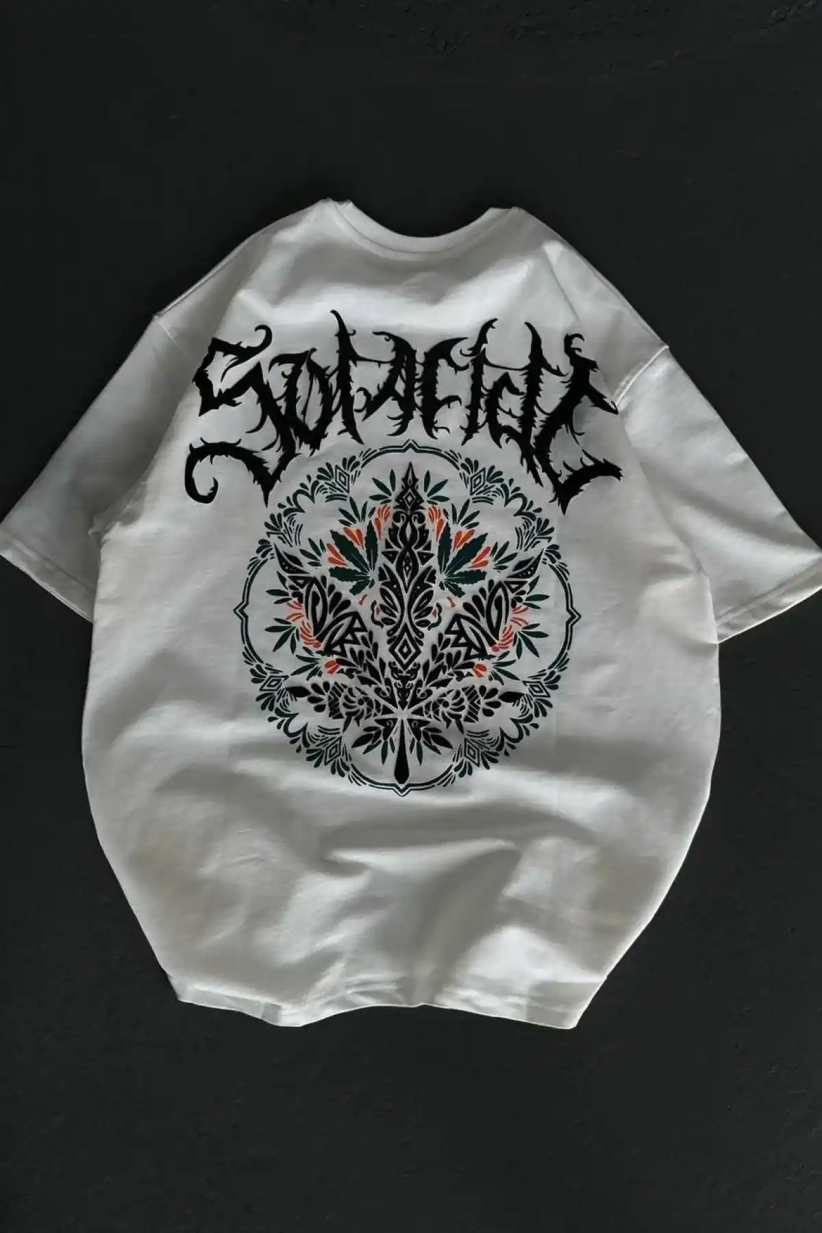 kadın Bisiklet Yaka Baskılı Oversize T-Shirt - Beyaz