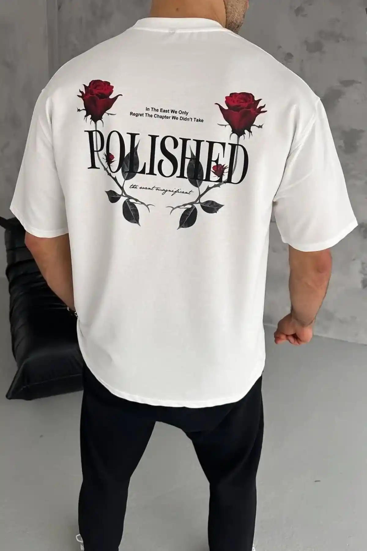 ERKEK Bisiklet Yaka Baskılı Oversize T-Shirt - Beyaz