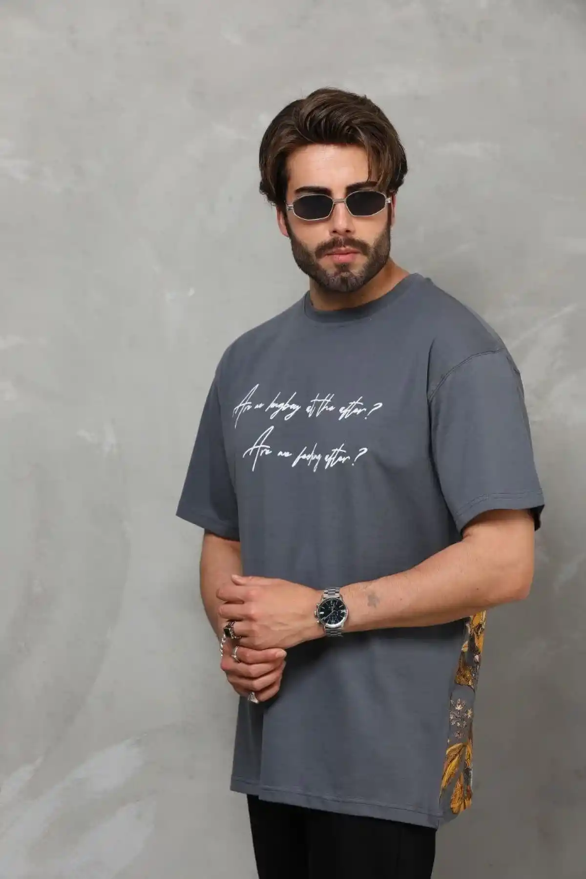 Erkek Bisiklet Yaka Baskılı Oversize T-Shirt - Füme