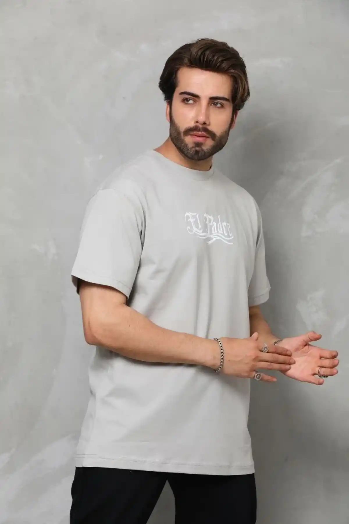 Erkek  Bisiklet Yaka Baskılı Oversize T-Shirt - Gri