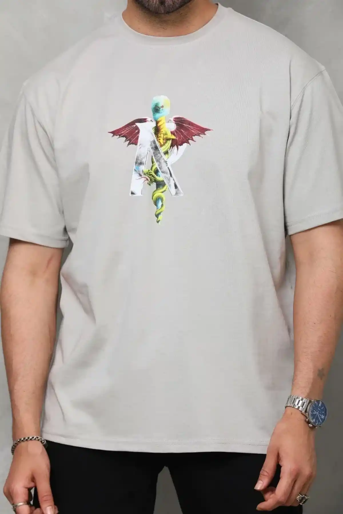 Erkek Bisiklet Yaka Baskılı T-Shirt - Gri