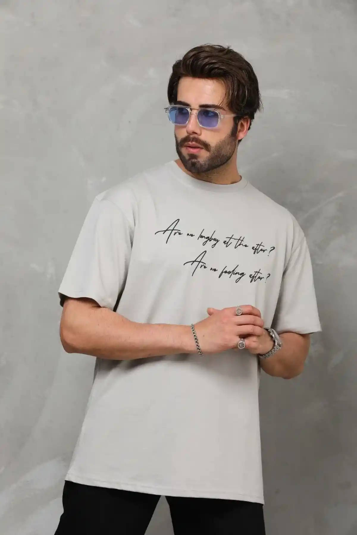 Erkek  Bisiklet Yaka Baskılı Oversize T-Shirt - Gri