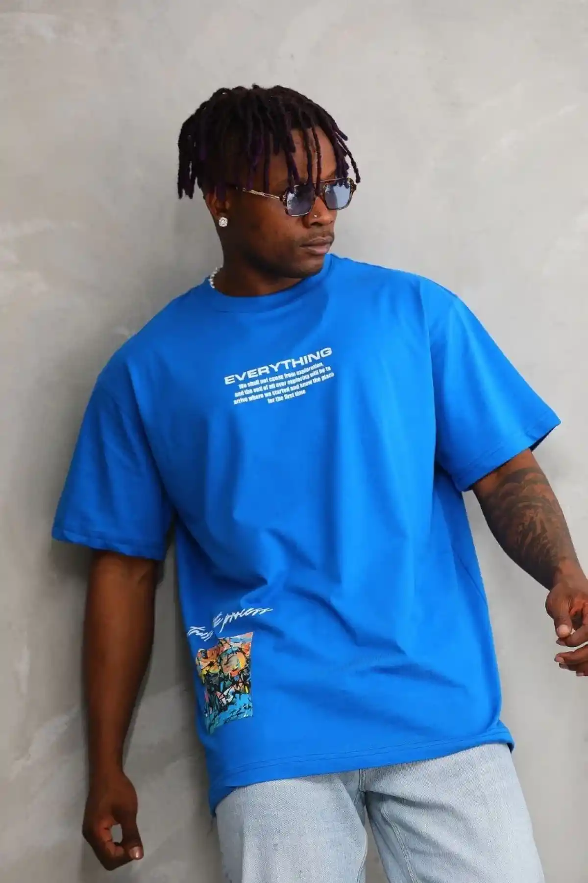 Erkek Bisiklet Yaka Baskılı Oversize T-Shirt - Mavi