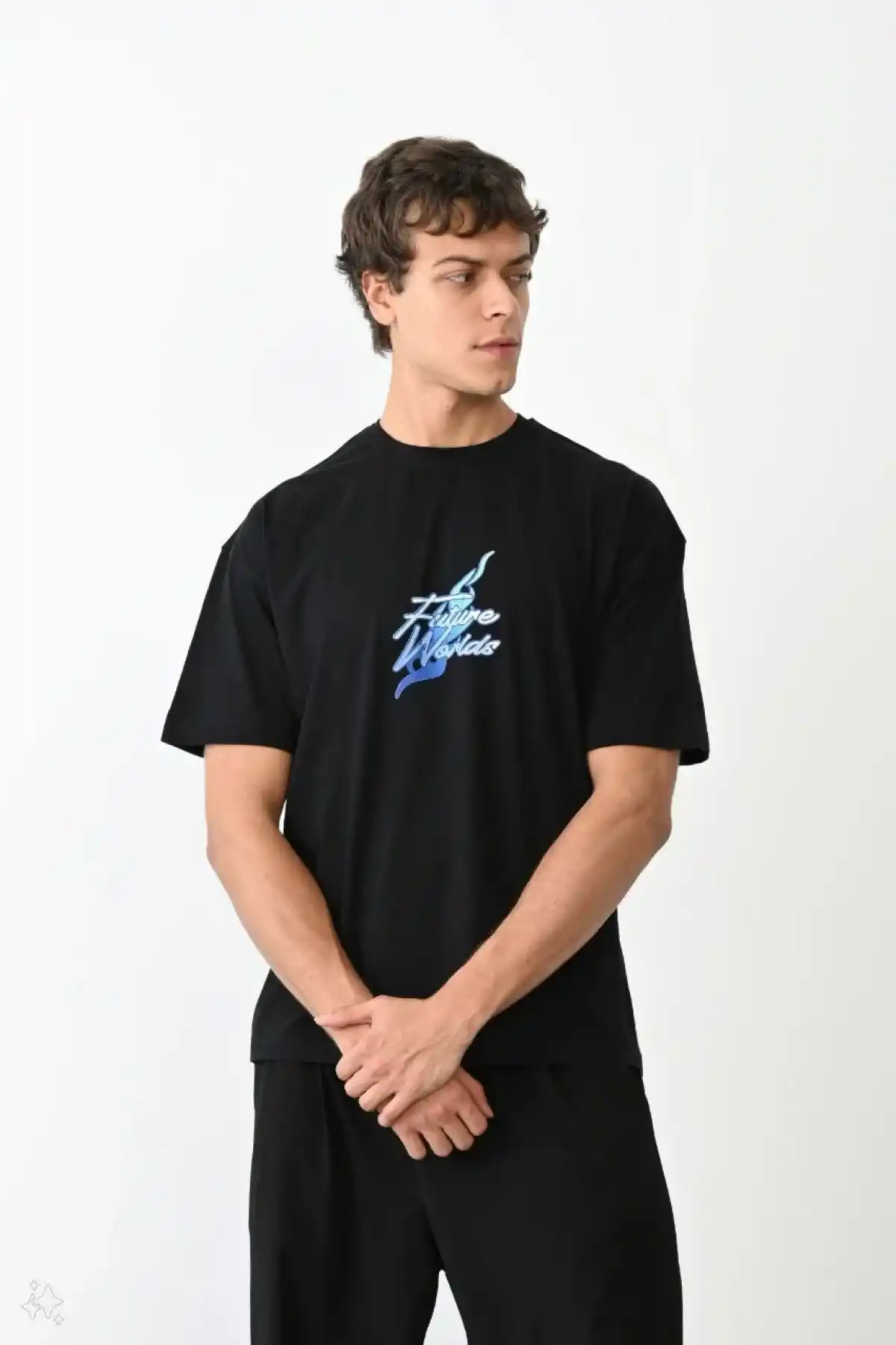 ERKEK Bisiklet Yaka Baskılı Oversize T-Shirt - Siyah