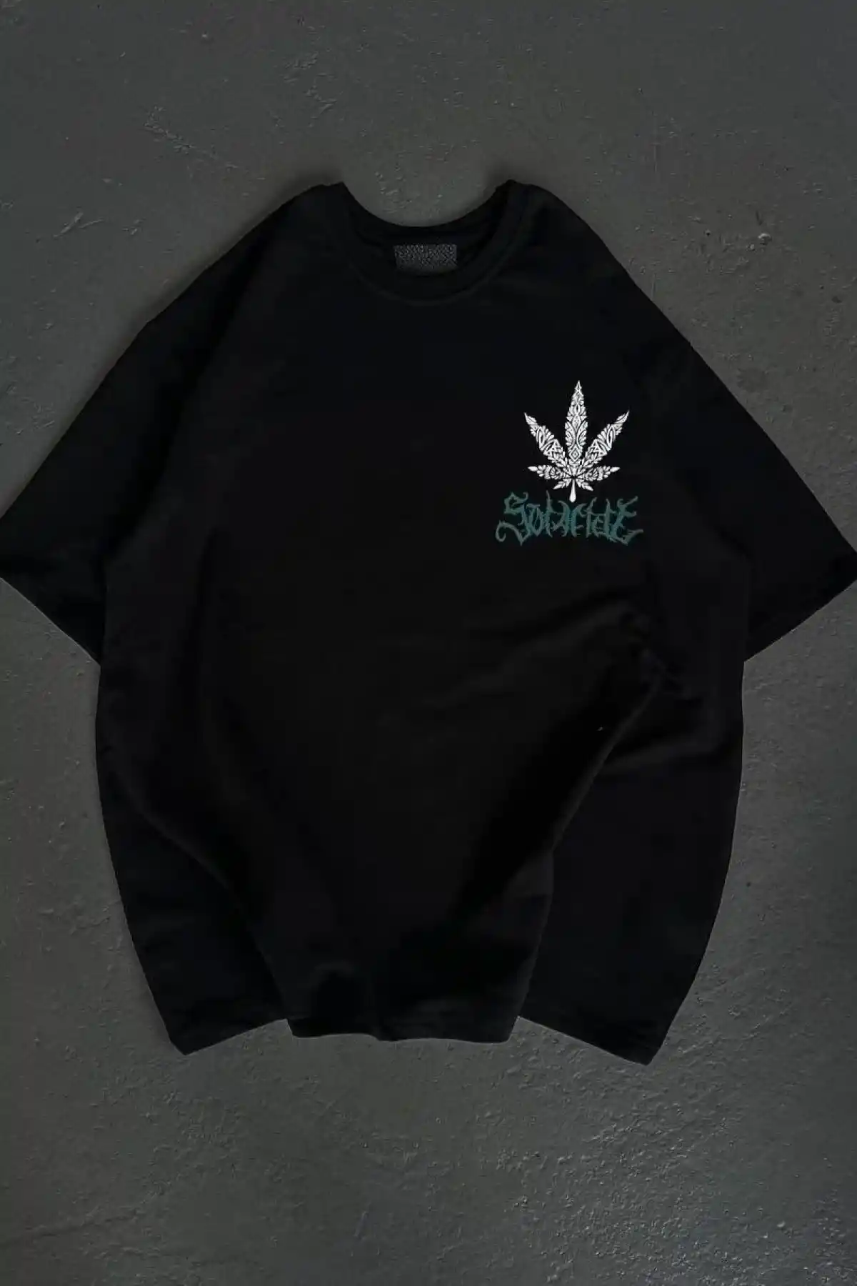 kadın  Bisiklet Yaka Baskılı Oversize T-Shirt - Siyah