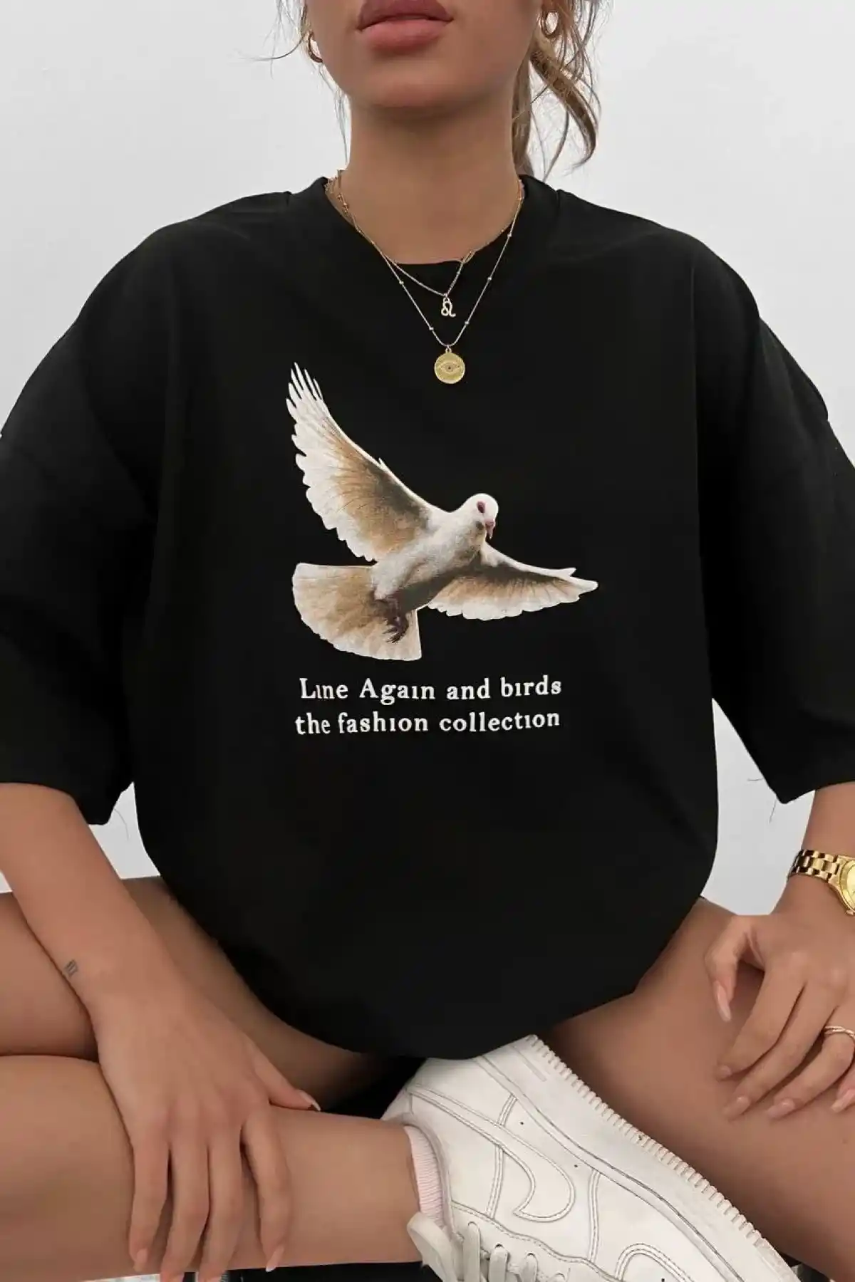 kadın  Bisiklet Yaka Baskılı Oversize T-Shirt - Siyah