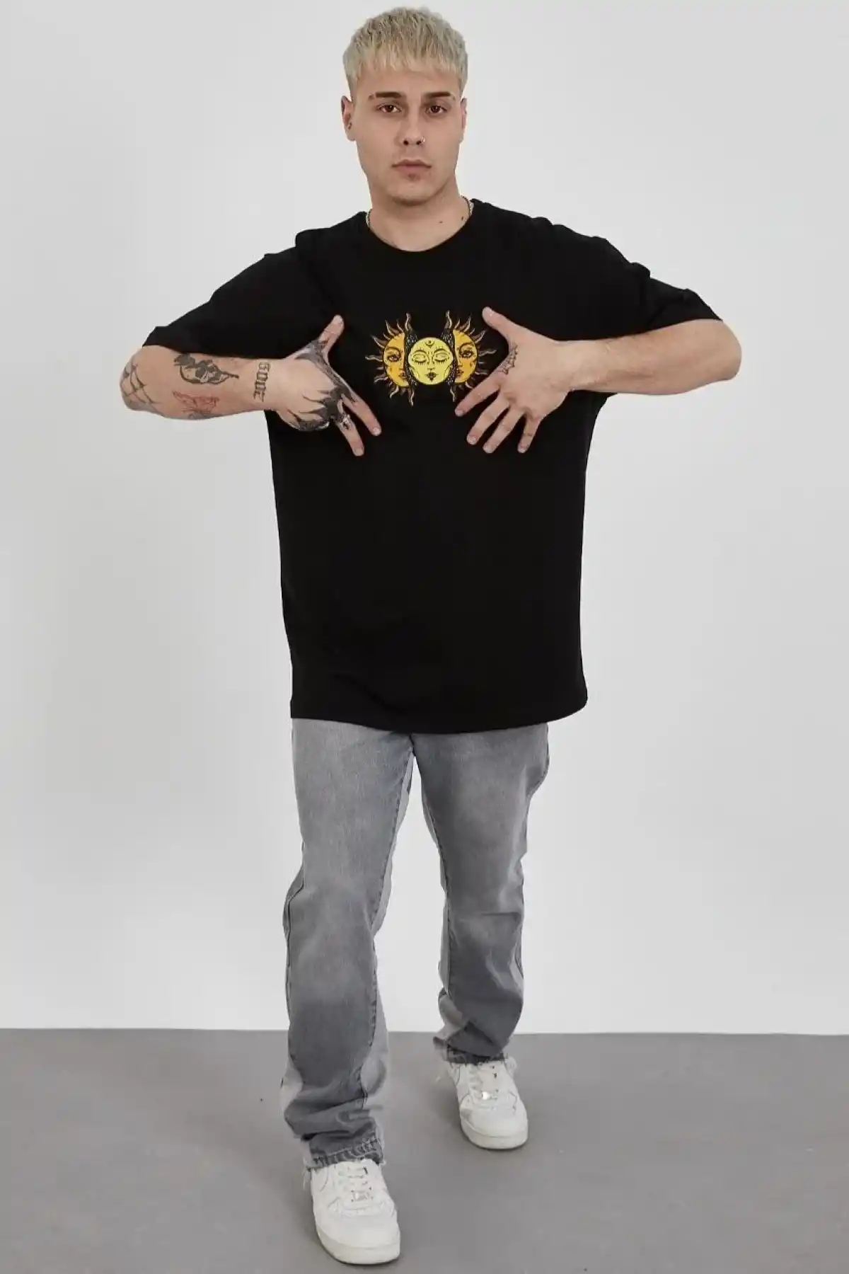 Unisex Bisiklet Yaka Baskılı Oversize T-Shirt - Siyah