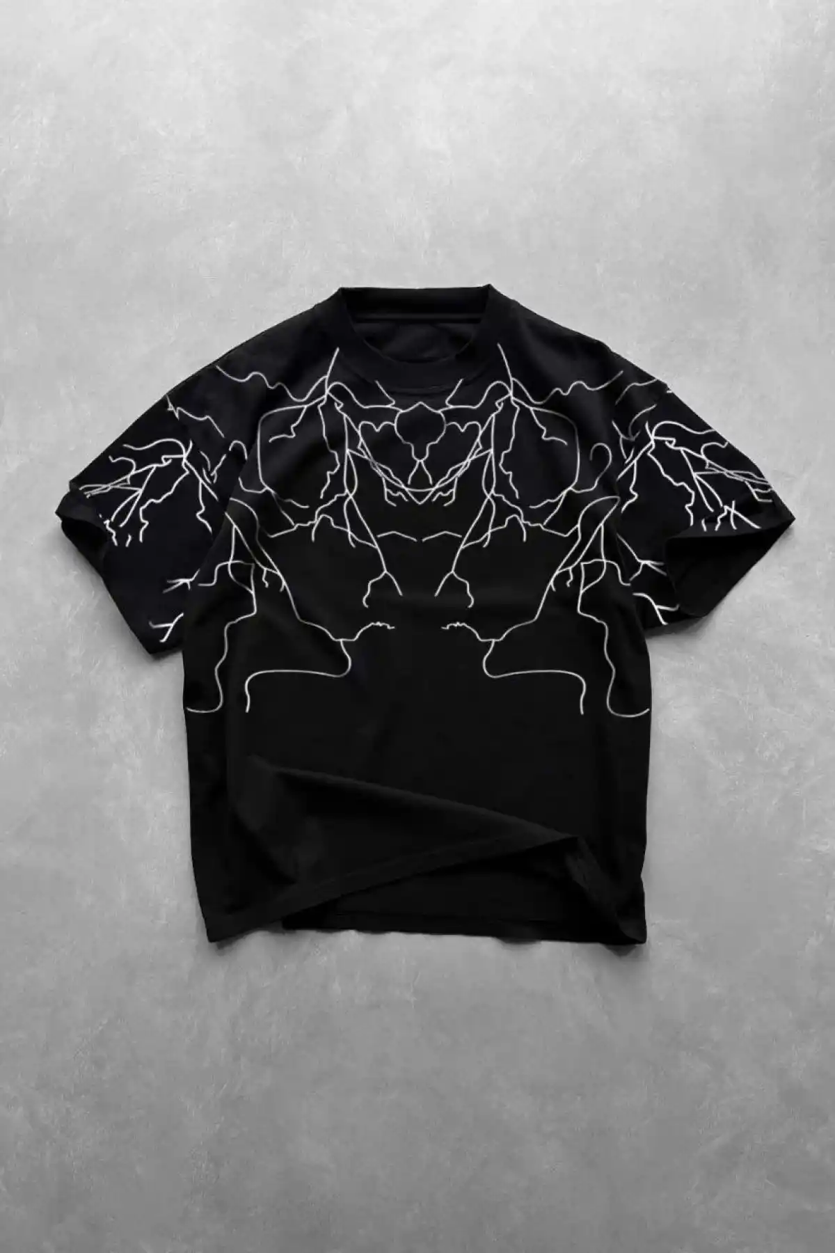 Unisex Bisiklet Yaka Baskılı Oversize T-Shirt - Siyah