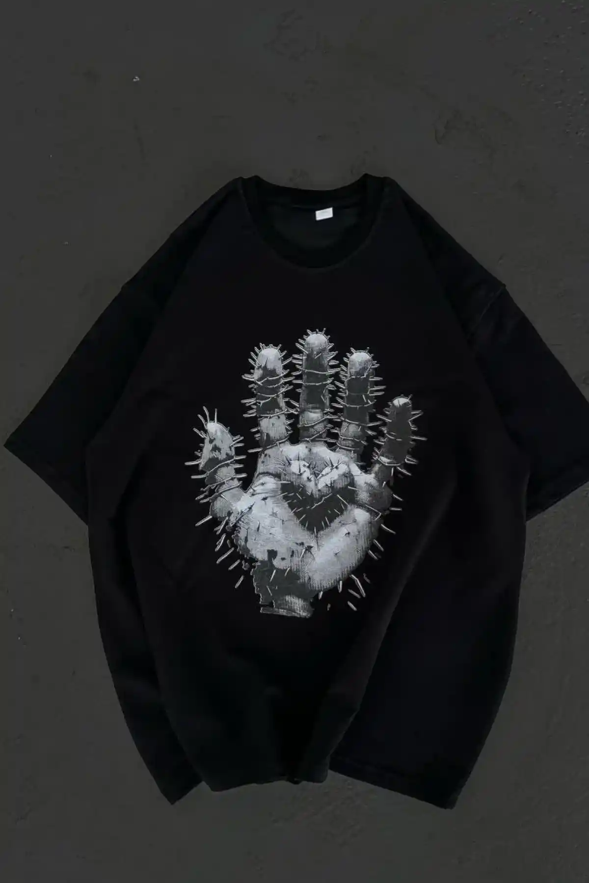 Kadın Bisiklet Yaka Baskılı Oversize T-Shirt - Siyah