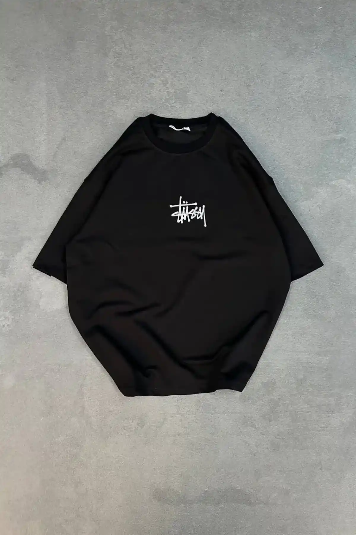 kadın Bisiklet Yaka Baskılı Oversize T-Shirt - Siyah