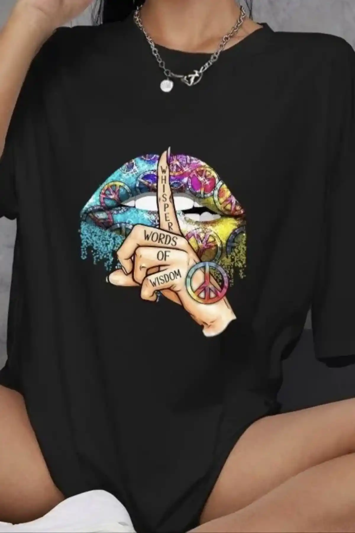 kadın  Bisiklet Yaka Baskılı Oversize T-Shirt - Siyah