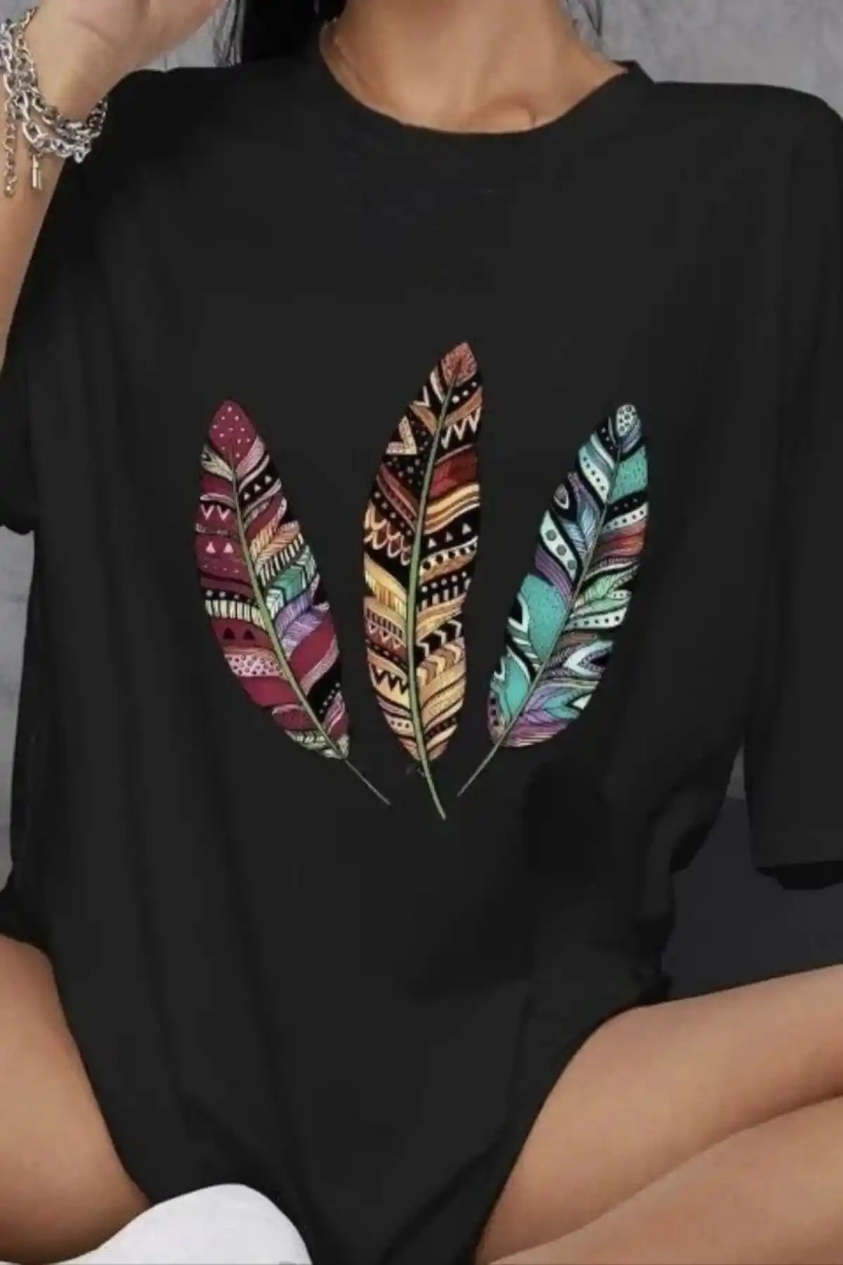 kadın  Bisiklet Yaka Baskılı Oversize T-Shirt - Siyah