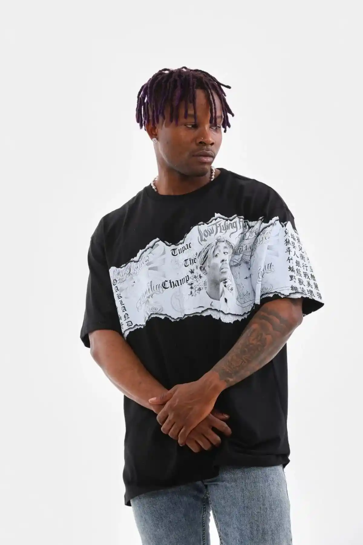 Erkek  Bisiklet Yaka Baskılı Oversize T-Shirt - Siyah