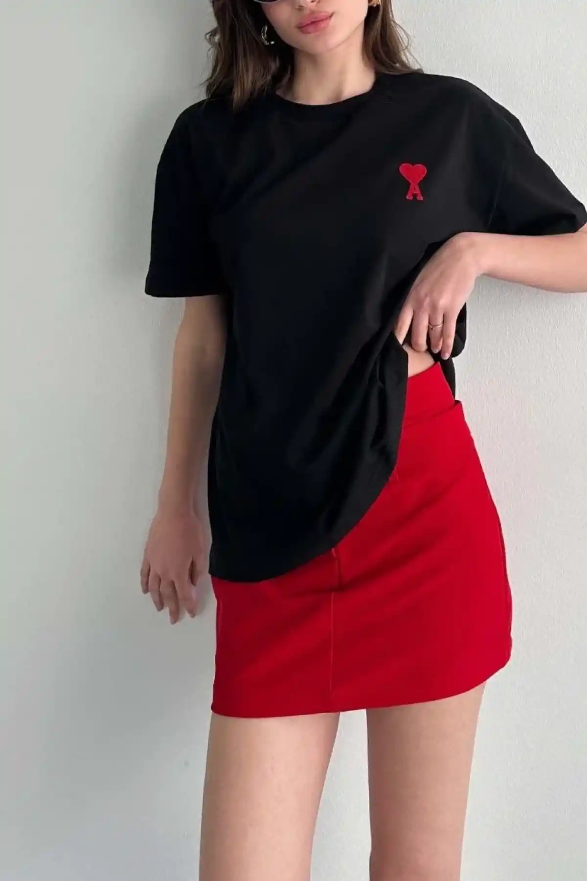 kadın  Bisiklet Yaka Baskılı Oversize T-Shirt - Siyah