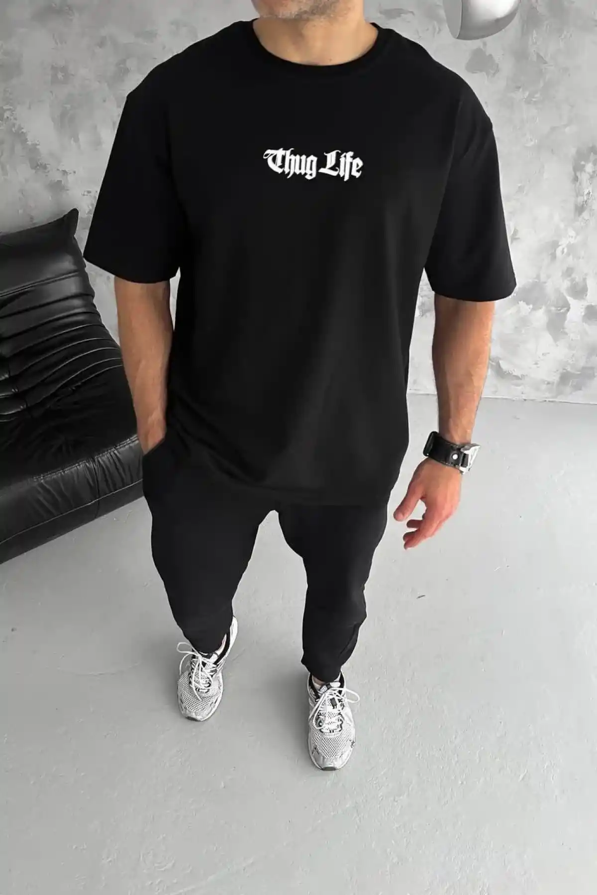 Unisex Bisiklet Yaka Baskılı Oversize T-Shirt - Siyah