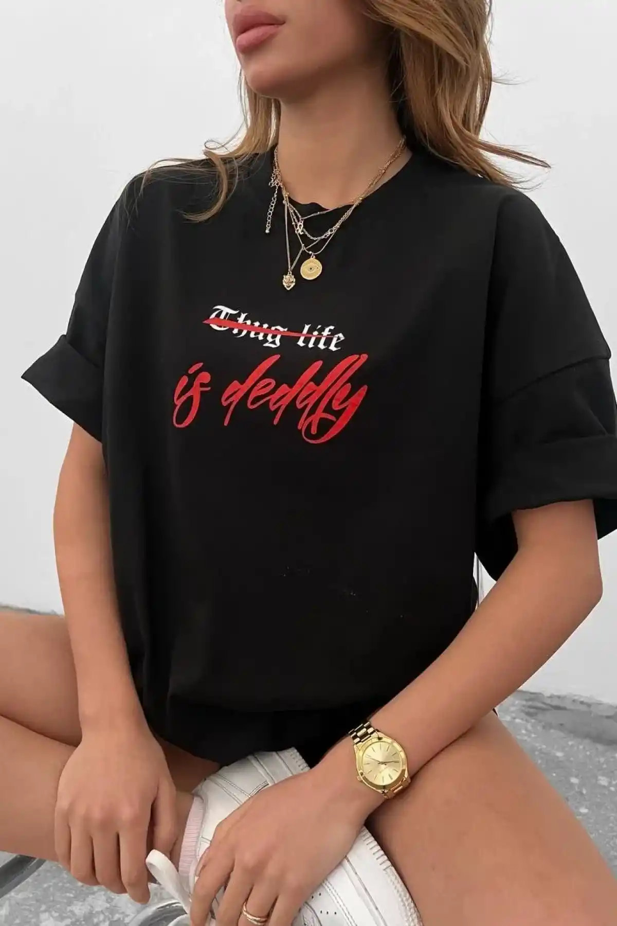 kadın Bisiklet Yaka Baskılı Oversize T-Shirt - Siyah