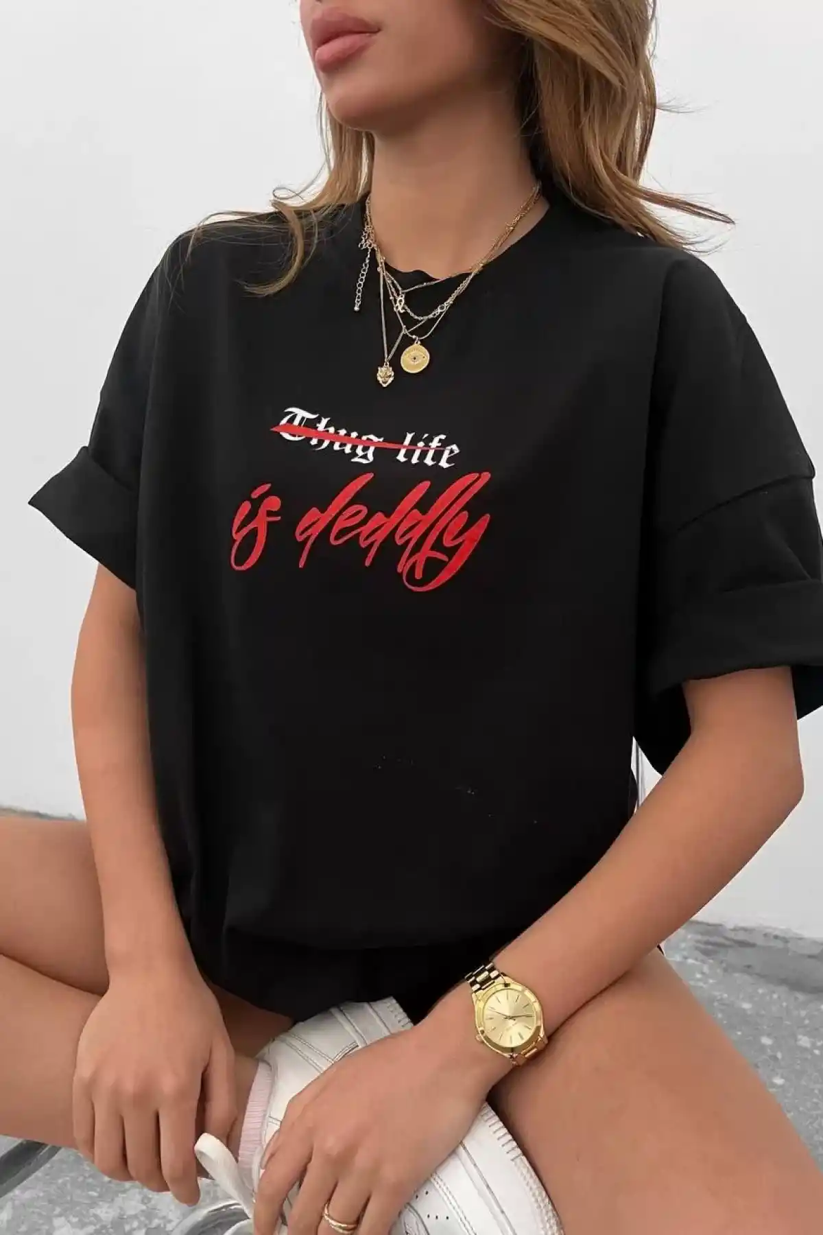 Unisex Bisiklet Yaka Baskılı Oversize T-Shirt - Siyah