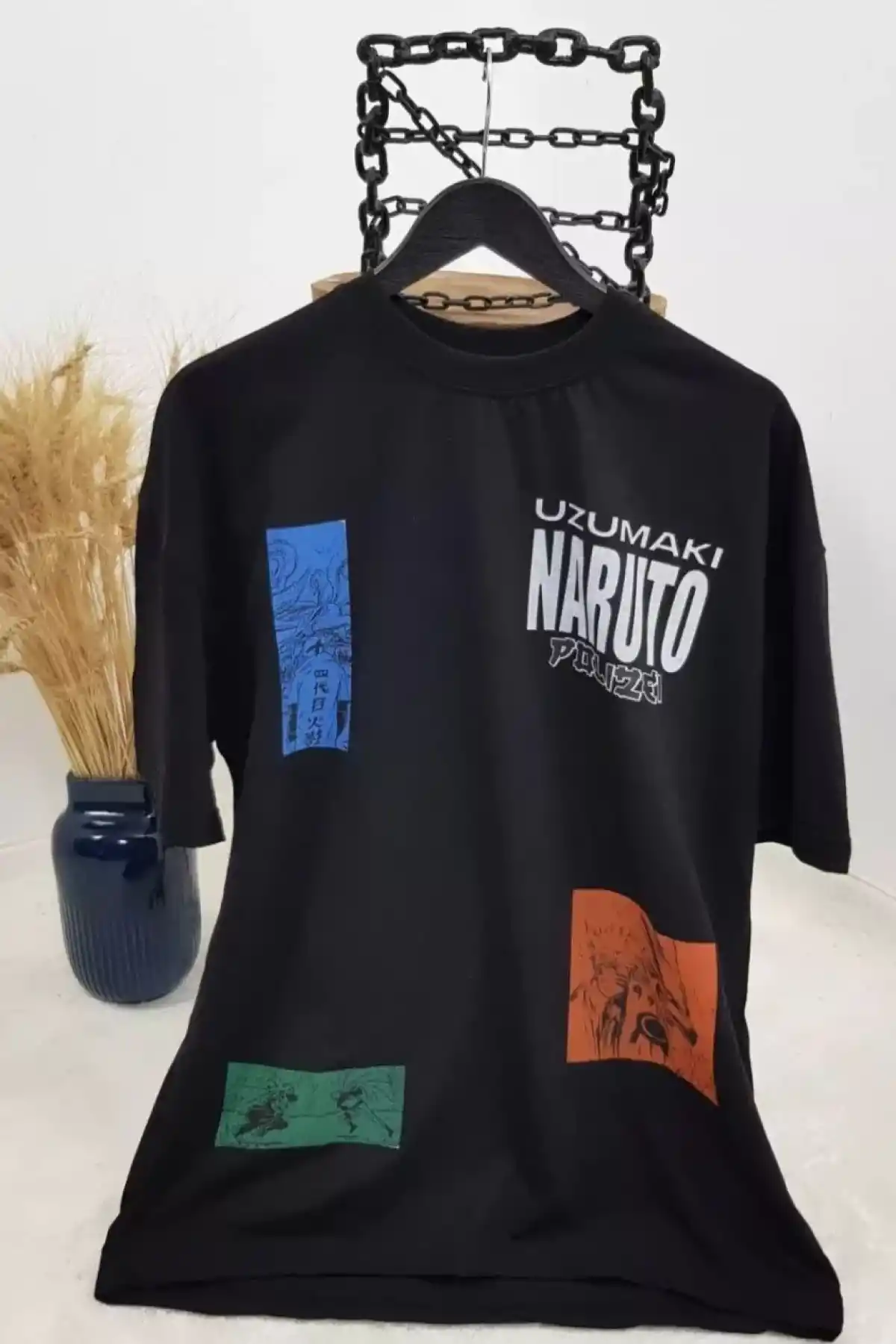 Unisex Bisiklet Yaka Baskılı Oversize T-Shirt - Siyah