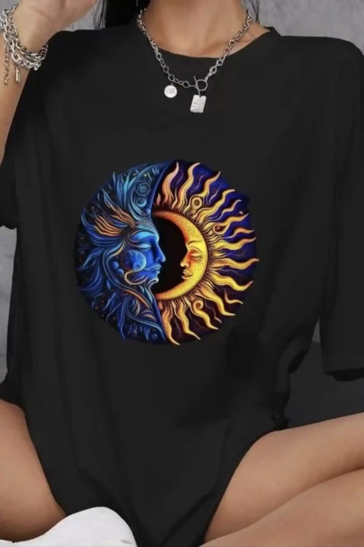 Unisex Bisiklet Yaka Baskılı Oversize T-Shirt - Siyah