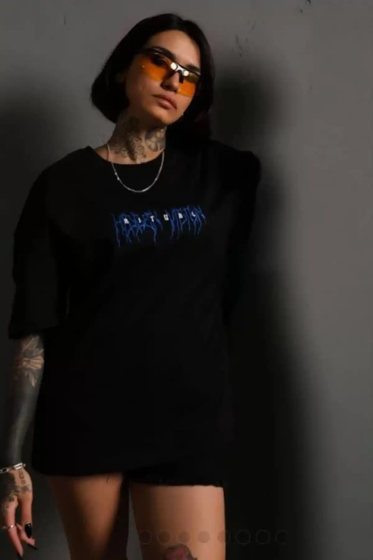 Unisex Bisiklet Yaka Baskılı Oversize T-Shirt - Siyah