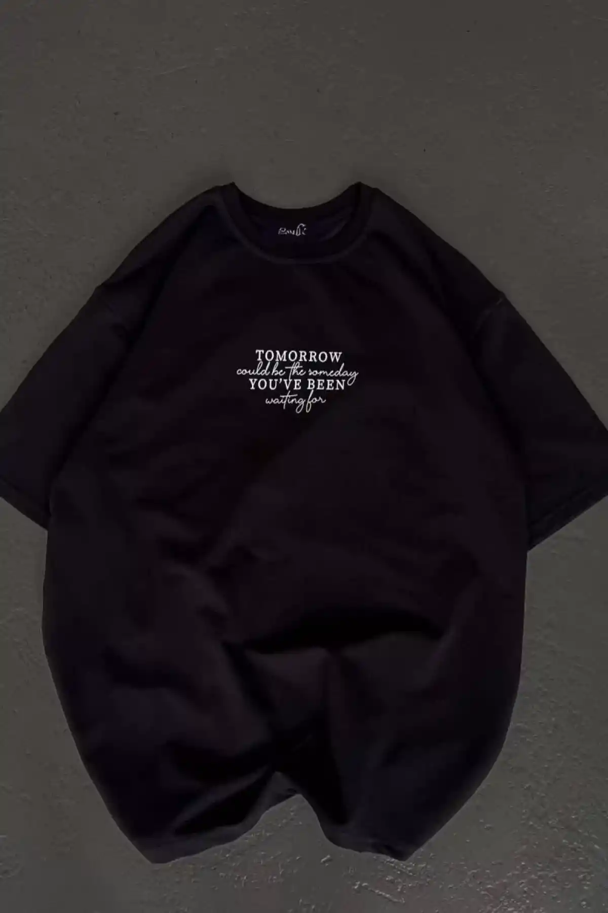 Unisex Bisiklet Yaka Baskılı Oversize T-Shirt - Siyah