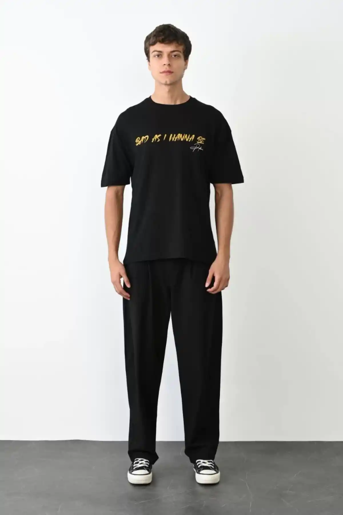 Unisex Bisiklet Yaka Baskılı Oversize T-Shirt - Siyah